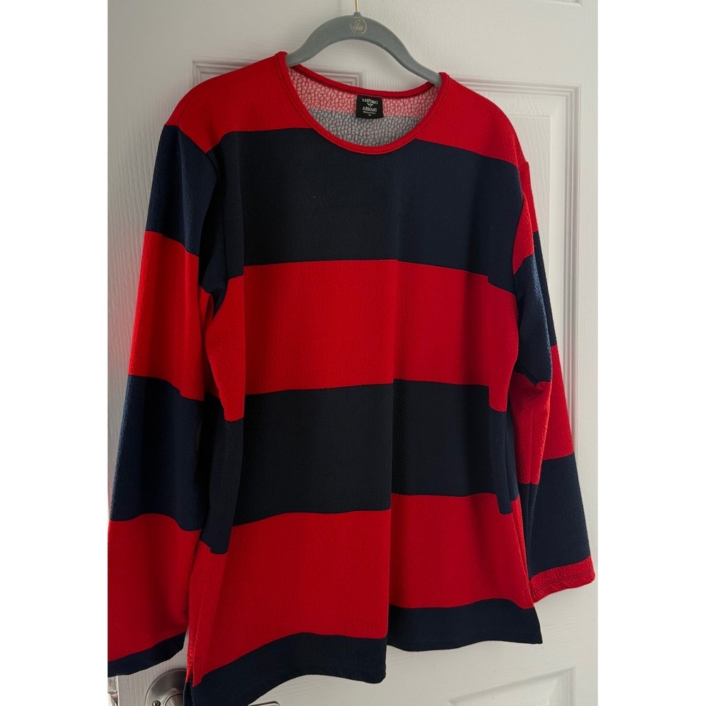 Emporio Armani Mens Red Navy Stripe Long Sleeve Crew Shirt Made in Italy Size M - Picture 5 of 7